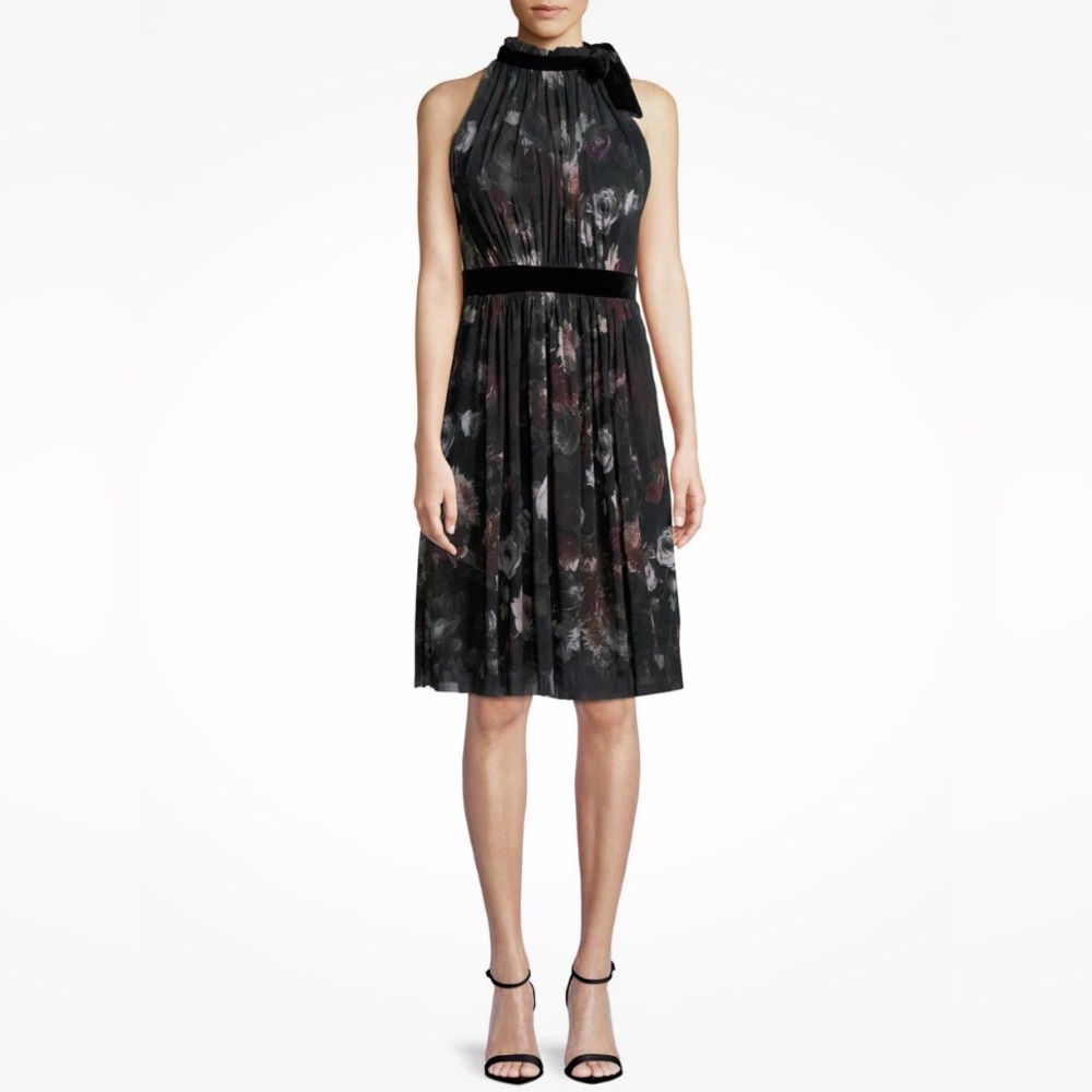 Fuzzi Dark Floral Mesh Halter Dress Black Velvet Waist Trim Size S - Picture 2 of 8